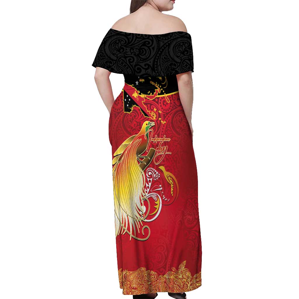 Papua New Guinea Independence Day Off Shoulder Maxi Dress Happy Anniversary 50th Bird-of-paradise Melanesian Tattoos - Polynesian Pride