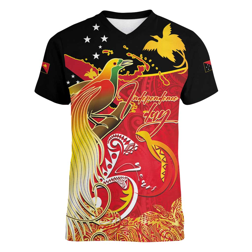Papua New Guinea Independence Day Women V-Neck T-Shirt Happy Anniversary 50th Bird-of-paradise Melanesian Tattoos - Polynesian Pride