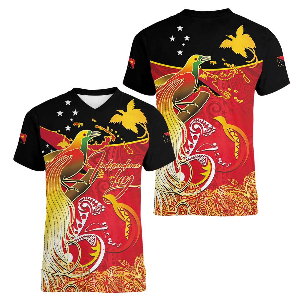 Papua New Guinea Independence Day Women V-Neck T-Shirt Happy Anniversary 50th Bird-of-paradise Melanesian Tattoos - Polynesian Pride