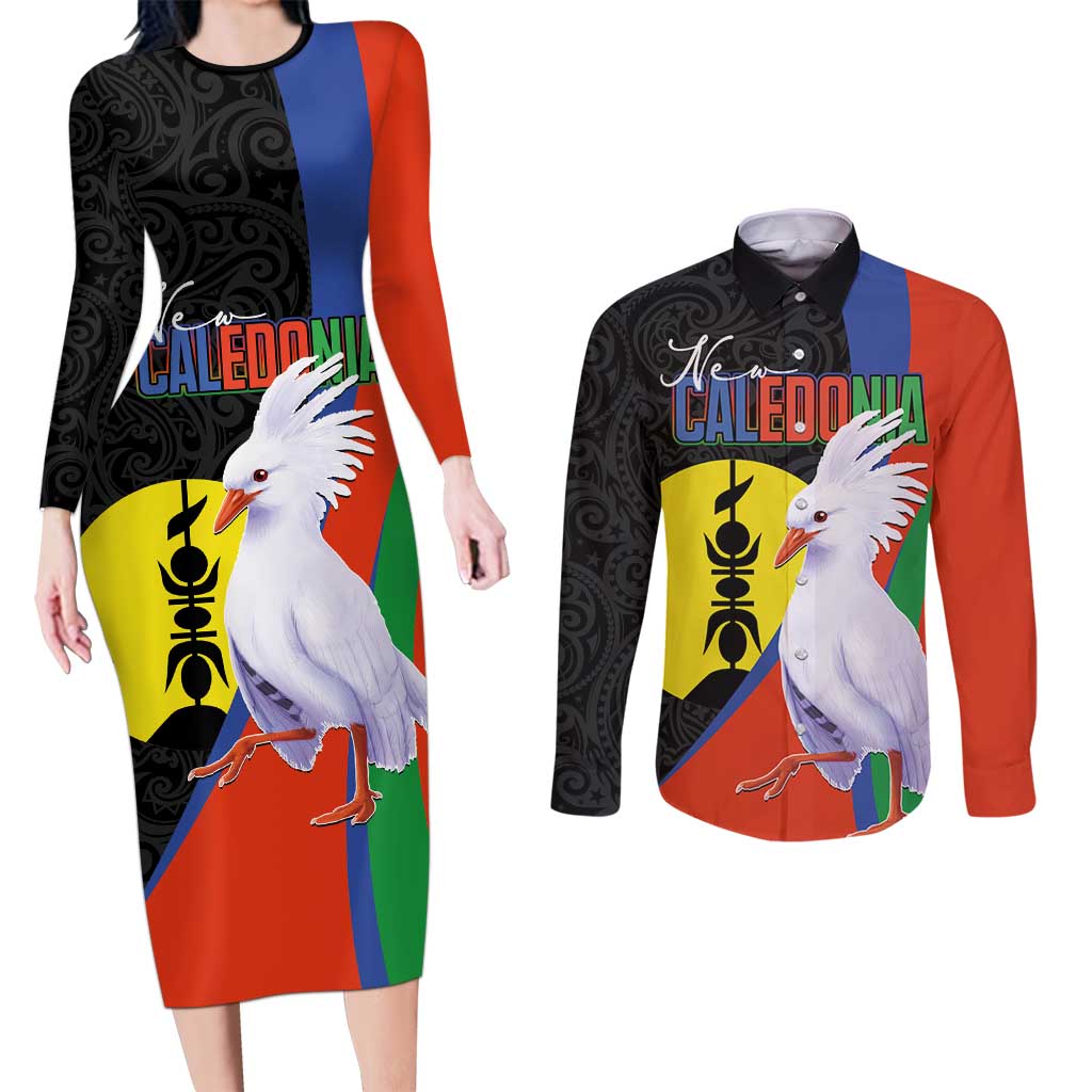 New Caledonia Couples Matching Long Sleeve Bodycon Dress and Long Sleeve Button Shirt Kagu Bird and The Seal with Melanesian Culture - Polynesian Pride
