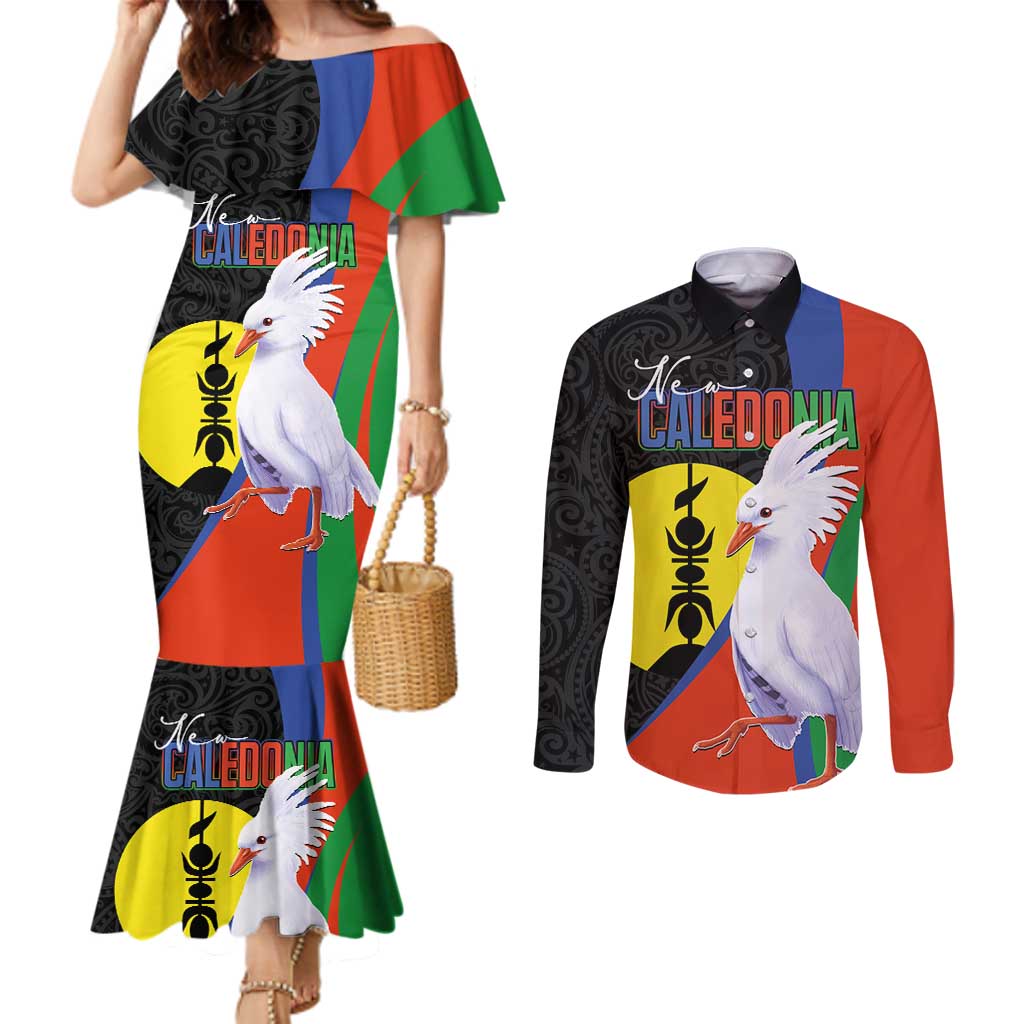 New Caledonia Couples Matching Mermaid Dress and Long Sleeve Button Shirt Kagu Bird and The Seal with Melanesian Culture - Polynesian Pride