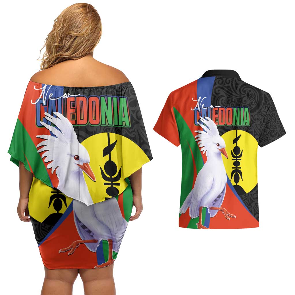 New Caledonia Couples Matching Off Shoulder Short Dress and Hawaiian Shirt Kagu Bird and The Seal with Melanesian Culture - Polynesian Pride