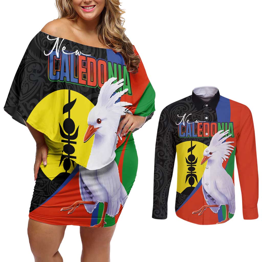 New Caledonia Couples Matching Off Shoulder Short Dress and Long Sleeve Button Shirt Kagu Bird and The Seal with Melanesian Culture - Polynesian Pride