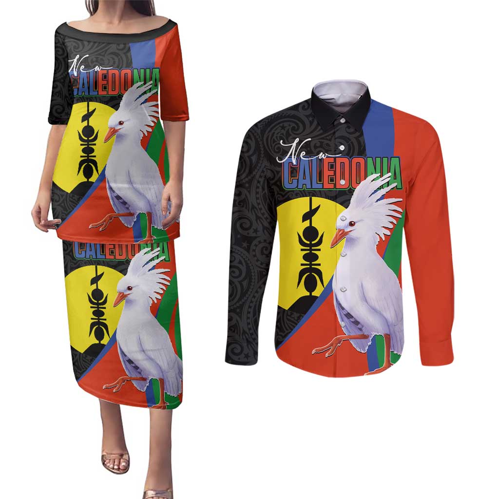 New Caledonia Couples Matching Puletasi and Long Sleeve Button Shirt Kagu Bird and The Seal with Melanesian Culture - Polynesian Pride