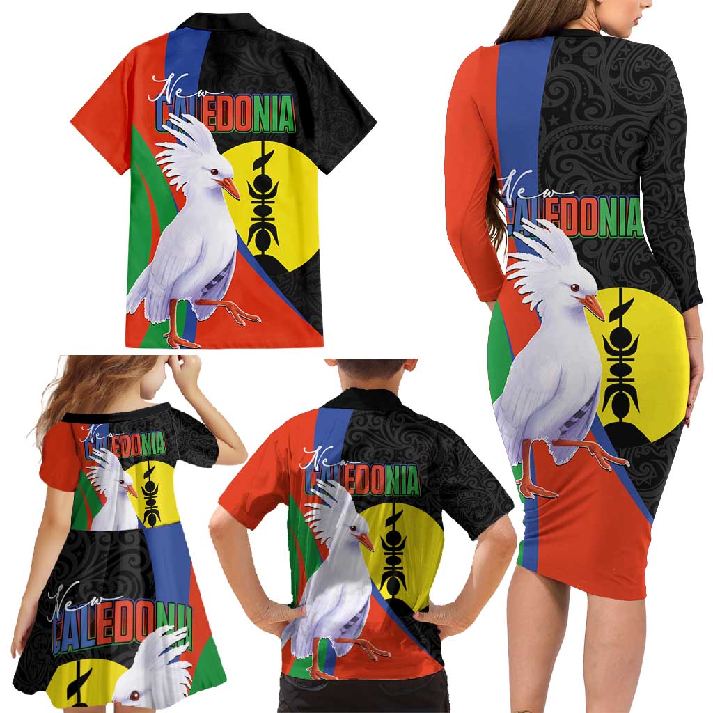 New Caledonia Family Matching Long Sleeve Bodycon Dress and Hawaiian Shirt Kagu Bird and The Seal with Melanesian Culture LT03 - Polynesian Pride