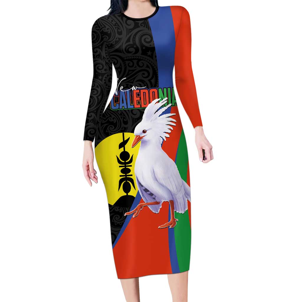 New Caledonia Family Matching Long Sleeve Bodycon Dress and Hawaiian Shirt Kagu Bird and The Seal with Melanesian Culture LT03 Mom's Dress Black - Polynesian Pride