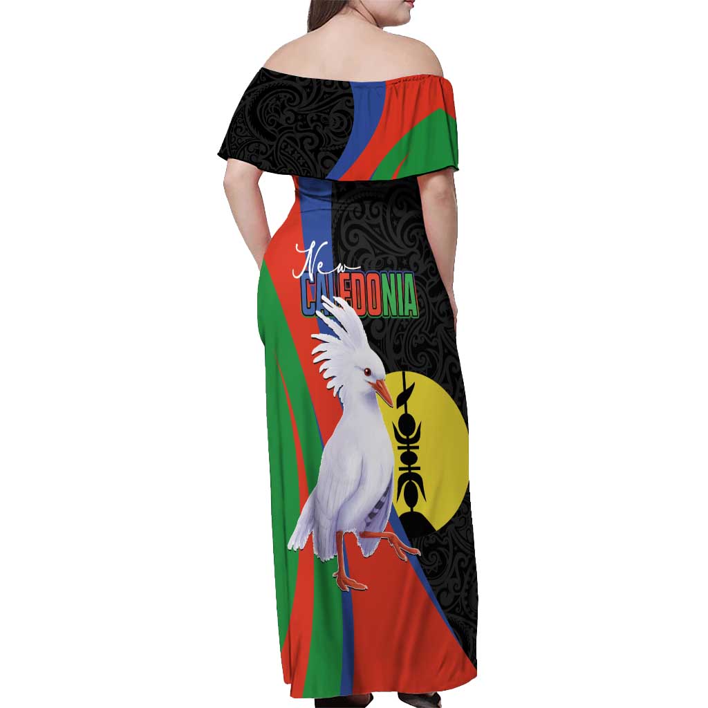 New Caledonia Off Shoulder Maxi Dress Kagu Bird and The Seal with Melanesian Culture - Polynesian Pride