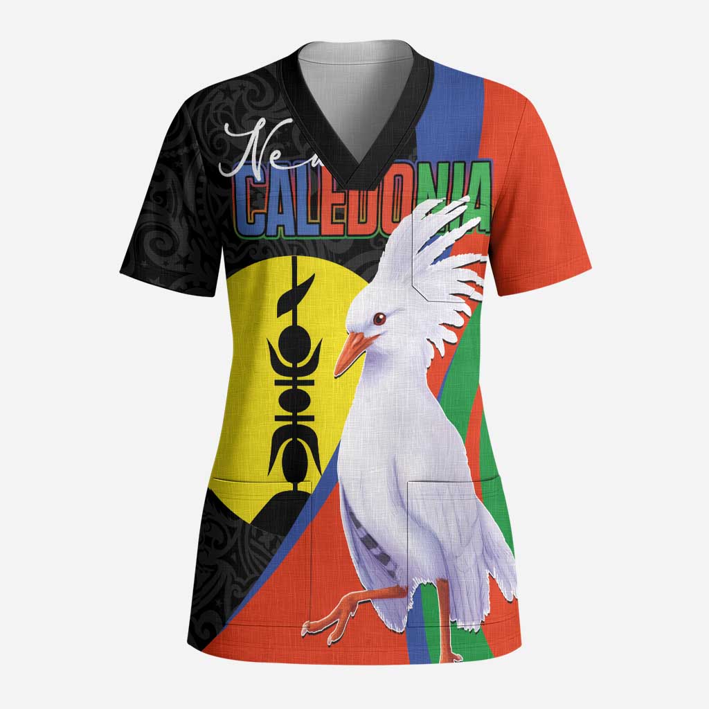 New Caledonia Scrub Top Kagu Bird and The Seal with Melanesian Culture - Polynesian Pride