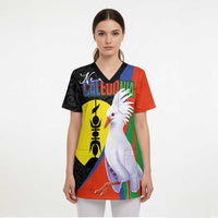 New Caledonia Scrub Top Kagu Bird and The Seal with Melanesian Culture - Polynesian Pride