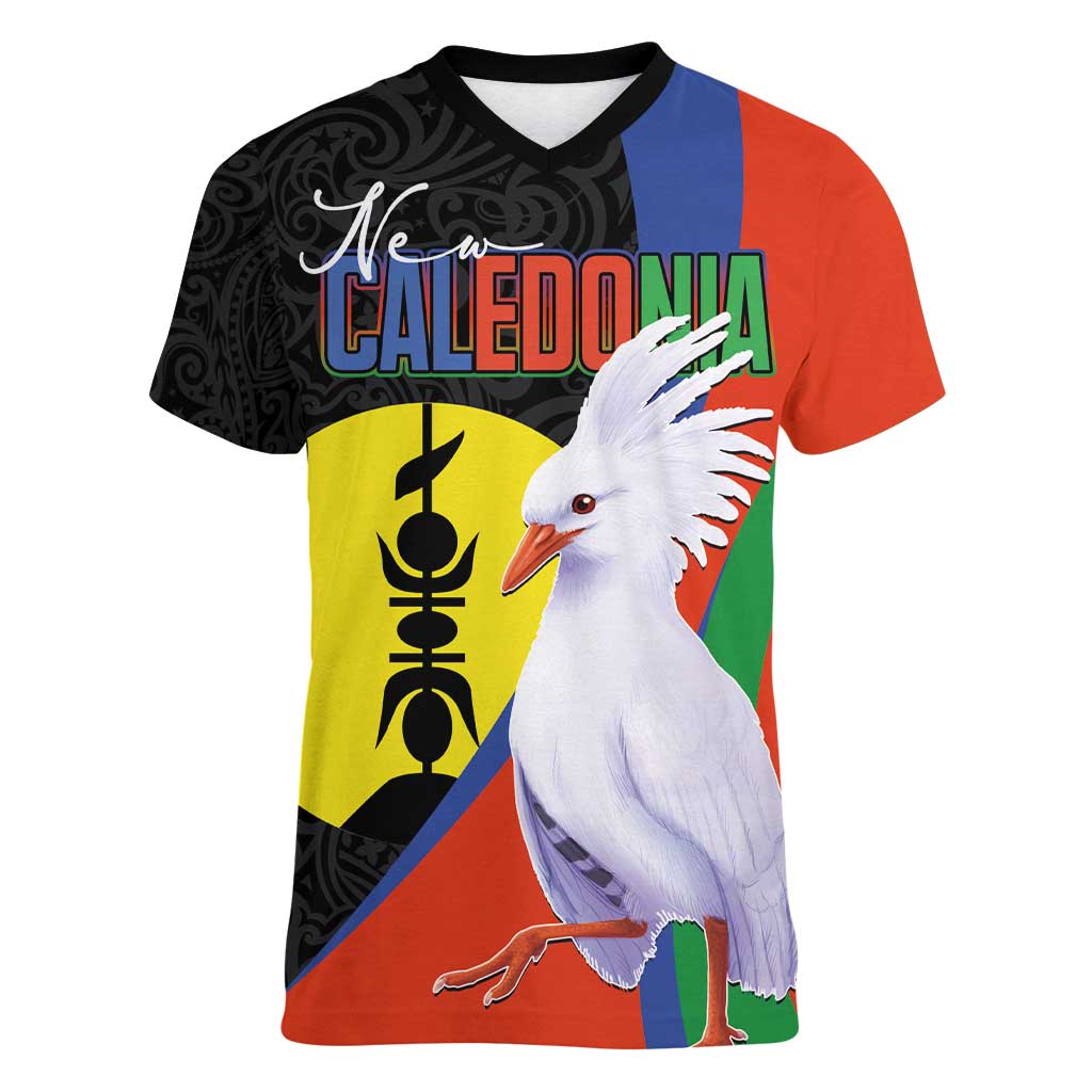 New Caledonia Women V-Neck T-Shirt Kagu Bird and The Seal with Melanesian Culture - Polynesian Pride