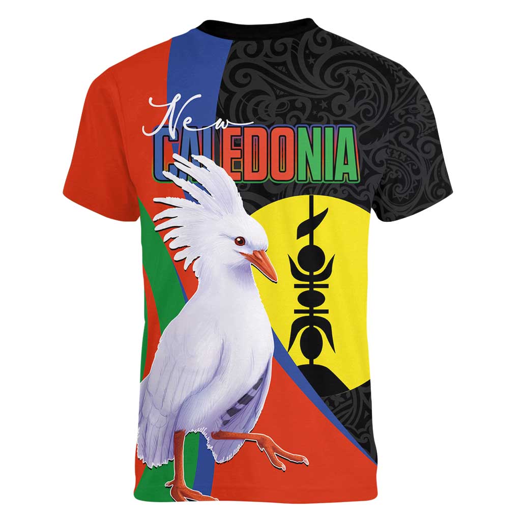 New Caledonia Women V-Neck T-Shirt Kagu Bird and The Seal with Melanesian Culture - Polynesian Pride