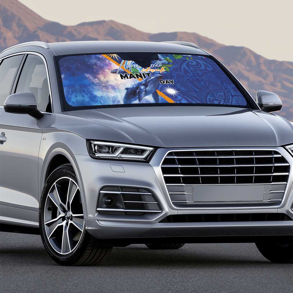 Marshall Islands Manit Day Auto Sun Shade Grunge National Flag with Whales and Tribal Tattoos - Polynesian Pride