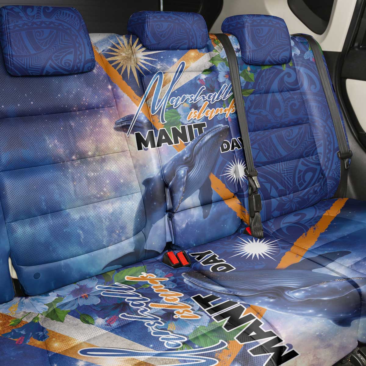 Marshall Islands Manit Day Back Car Seat Cover Grunge National Flag with Whales and Tribal Tattoos - Polynesian Pride