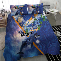 Marshall Islands Manit Day Bedding Set Grunge National Flag with Whales and Tribal Tattoos - Polynesian Pride