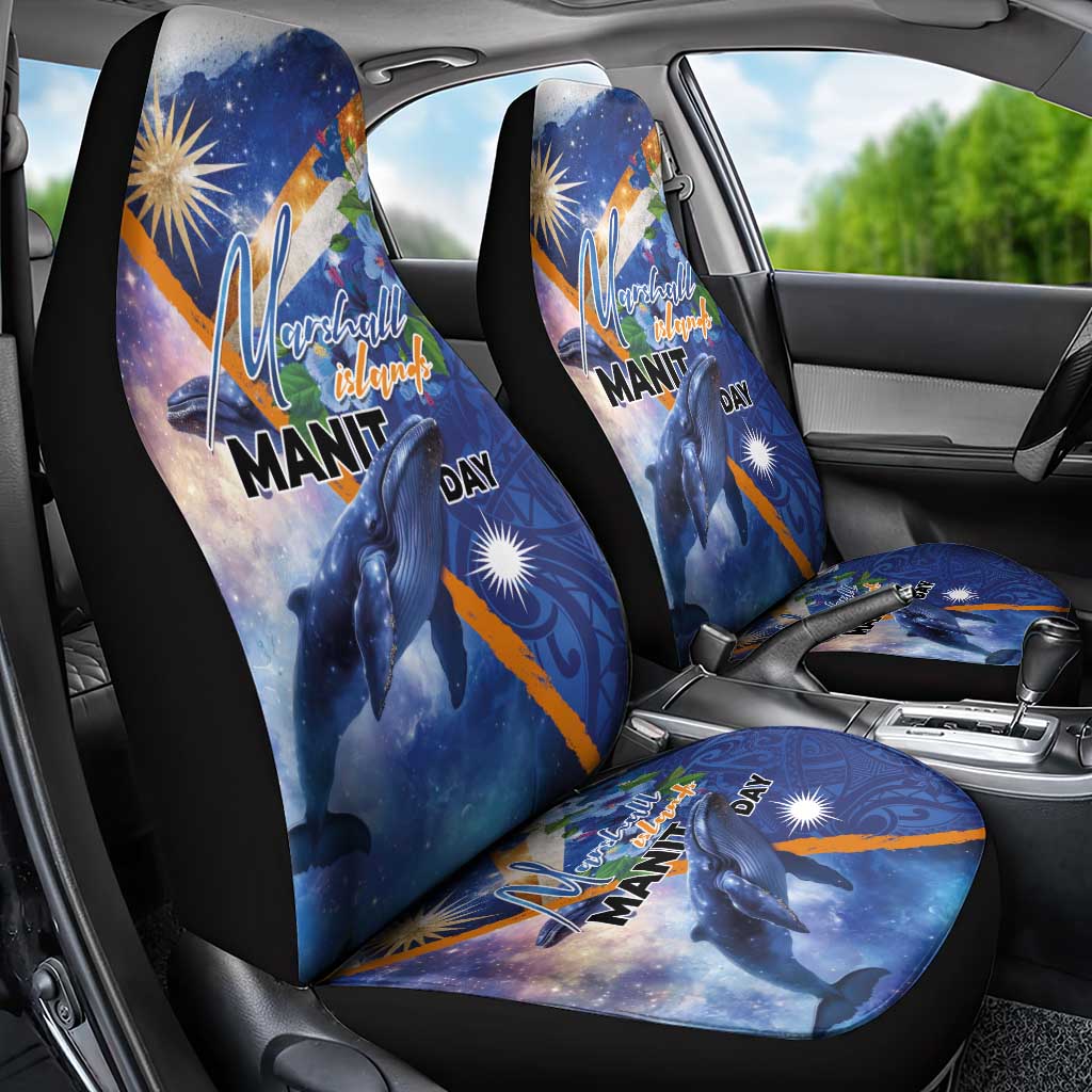 Marshall Islands Manit Day Car Seat Cover Grunge National Flag with Whales and Tribal Tattoos - Polynesian Pride