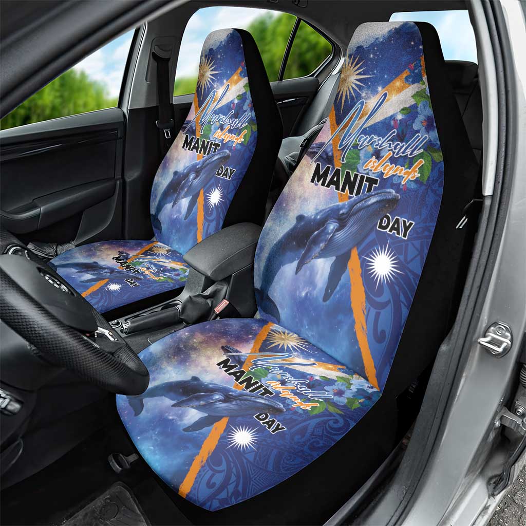 Marshall Islands Manit Day Car Seat Cover Grunge National Flag with Whales and Tribal Tattoos - Polynesian Pride