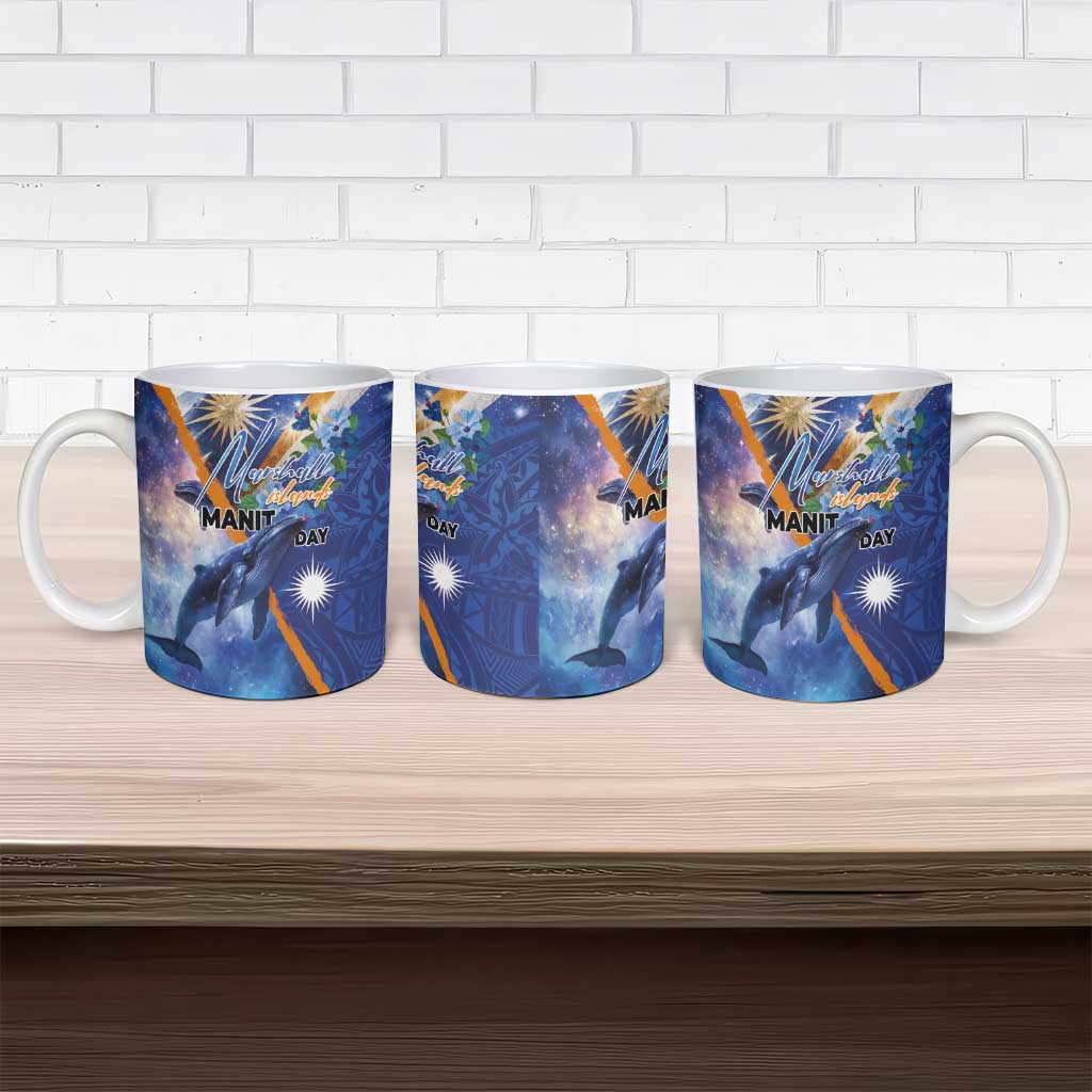 Marshall Islands Manit Day Ceramic Mug Grunge National Flag with Whales and Tribal Tattoos - Polynesian Pride