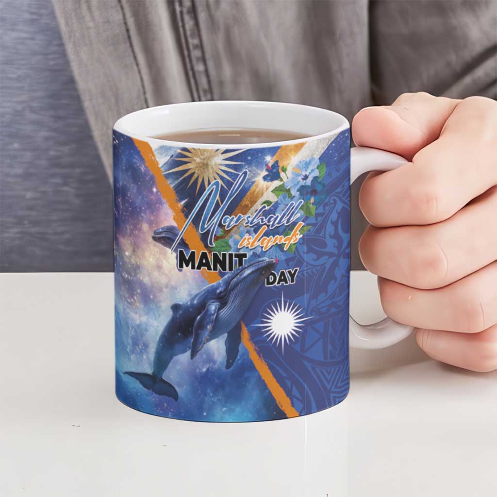 Marshall Islands Manit Day Ceramic Mug Grunge National Flag with Whales and Tribal Tattoos - Polynesian Pride