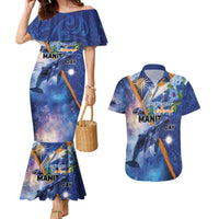 Marshall Islands Manit Day Couples Matching Mermaid Dress and Hawaiian Shirt Grunge National Flag with Whales and Tribal Tattoos - Polynesian Pride