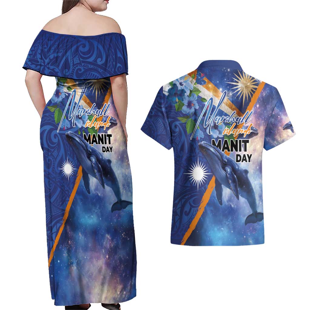 Marshall Islands Manit Day Couples Matching Off Shoulder Maxi Dress and Hawaiian Shirt Grunge National Flag with Whales and Tribal Tattoos - Polynesian Pride