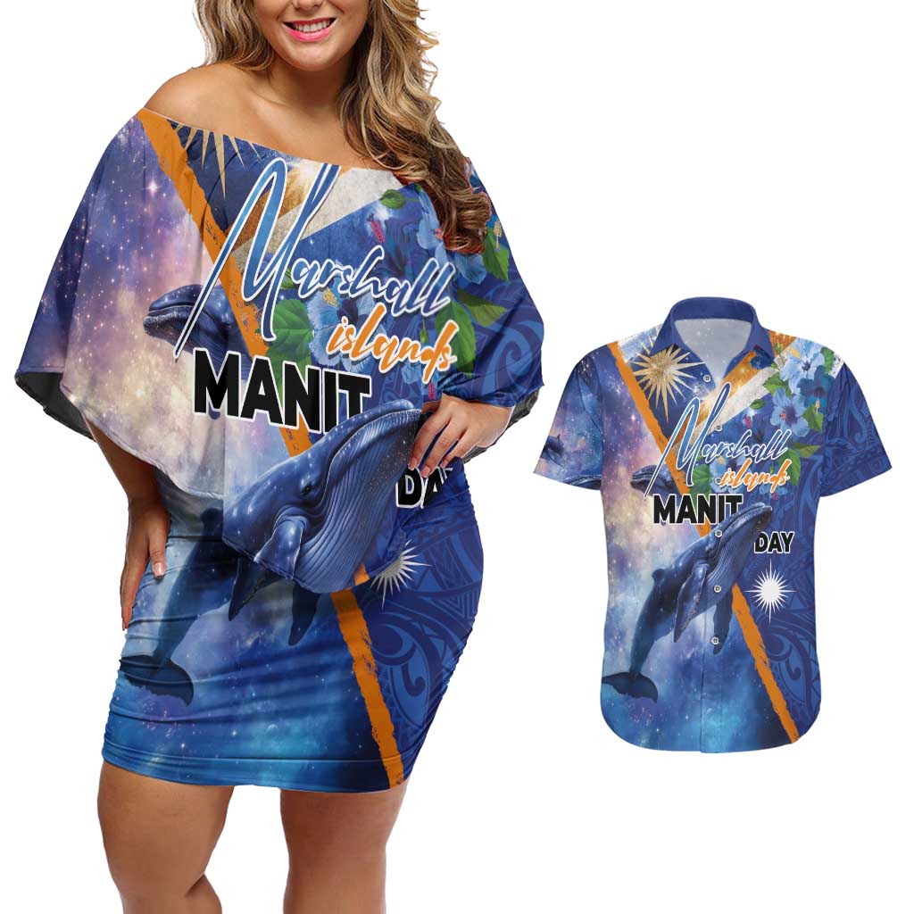 Marshall Islands Manit Day Couples Matching Off Shoulder Short Dress and Hawaiian Shirt Grunge National Flag with Whales and Tribal Tattoos - Polynesian Pride