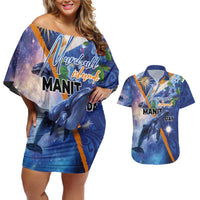 Marshall Islands Manit Day Couples Matching Off Shoulder Short Dress and Hawaiian Shirt Grunge National Flag with Whales and Tribal Tattoos - Polynesian Pride