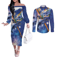 Marshall Islands Manit Day Couples Matching Off The Shoulder Long Sleeve Dress and Long Sleeve Button Shirt Grunge National Flag with Whales and Tribal Tattoos - Polynesian Pride