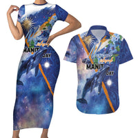 Marshall Islands Manit Day Couples Matching Short Sleeve Bodycon Dress and Hawaiian Shirt Grunge National Flag with Whales and Tribal Tattoos - Polynesian Pride