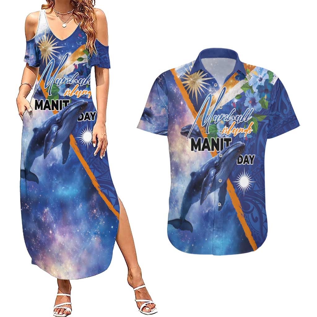 Marshall Islands Manit Day Couples Matching Summer Maxi Dress and Hawaiian Shirt Grunge National Flag with Whales and Tribal Tattoos - Polynesian Pride