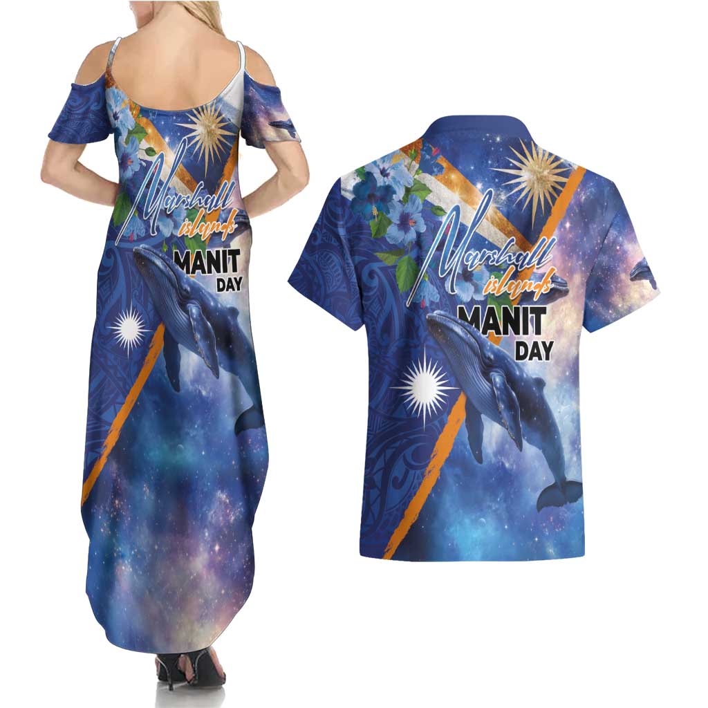 Marshall Islands Manit Day Couples Matching Summer Maxi Dress and Hawaiian Shirt Grunge National Flag with Whales and Tribal Tattoos - Polynesian Pride