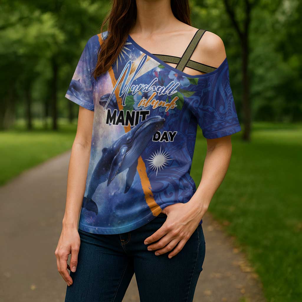 Marshall Islands Manit Day Cross Shoulder Shirt Grunge National Flag with Whales and Tribal Tattoos - Polynesian Pride