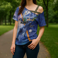 Marshall Islands Manit Day Cross Shoulder Shirt Grunge National Flag with Whales and Tribal Tattoos - Polynesian Pride