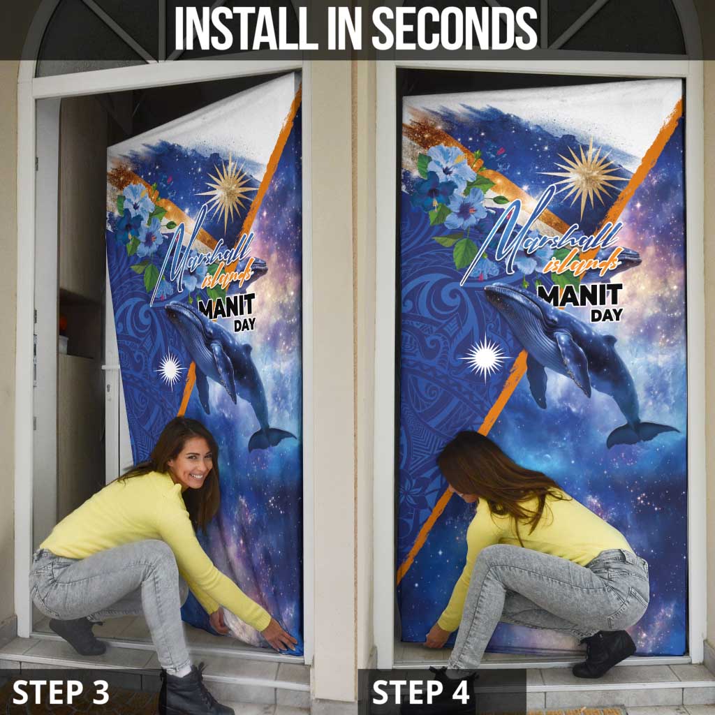 Marshall Islands Manit Day Door Cover Grunge National Flag with Whales and Tribal Tattoos - Polynesian Pride