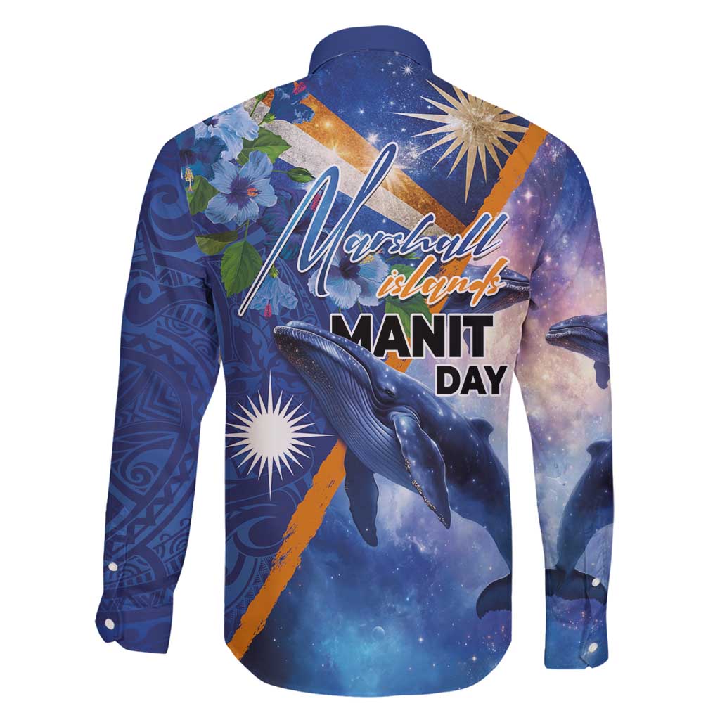 Marshall Islands Manit Day Family Matching Long Sleeve Bodycon Dress and Hawaiian Shirt Grunge National Flag with Whales and Tribal Tattoos - Polynesian Pride