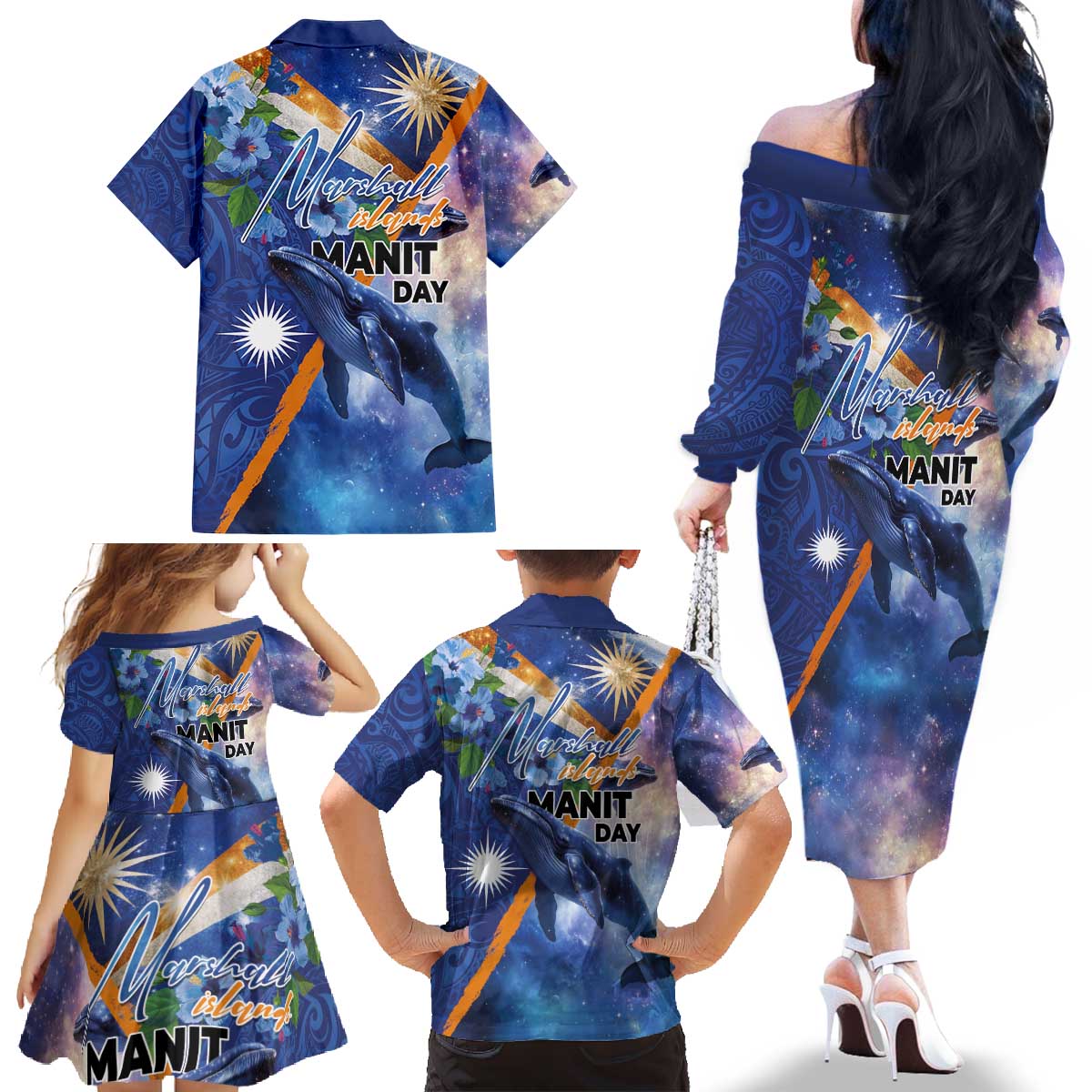 Marshall Islands Manit Day Family Matching Off The Shoulder Long Sleeve Dress and Hawaiian Shirt Grunge National Flag with Whales and Tribal Tattoos - Polynesian Pride