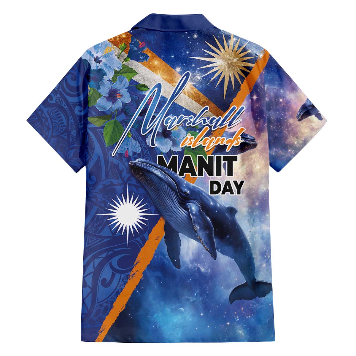 Marshall Islands Manit Day Family Matching Off The Shoulder Long Sleeve Dress and Hawaiian Shirt Grunge National Flag with Whales and Tribal Tattoos - Polynesian Pride