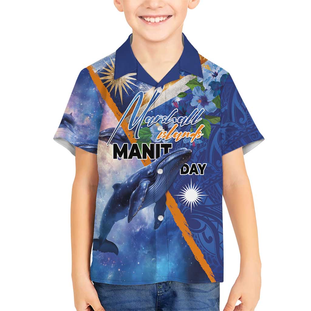 Marshall Islands Manit Day Family Matching Off Shoulder Maxi Dress and Hawaiian Shirt Grunge National Flag with Whales and Tribal Tattoos - Polynesian Pride