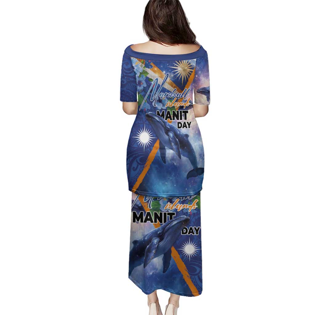 Marshall Islands Manit Day Family Matching Puletasi and Hawaiian Shirt Grunge National Flag with Whales and Tribal Tattoos - Polynesian Pride