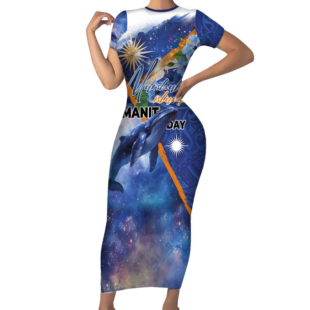 Marshall Islands Manit Day Family Matching Short Sleeve Bodycon Dress and Hawaiian Shirt Grunge National Flag with Whales and Tribal Tattoos - Polynesian Pride