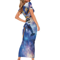 Marshall Islands Manit Day Family Matching Short Sleeve Bodycon Dress and Hawaiian Shirt Grunge National Flag with Whales and Tribal Tattoos - Polynesian Pride