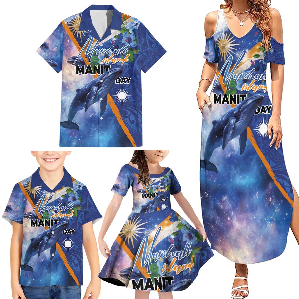 Marshall Islands Manit Day Family Matching Summer Maxi Dress and Hawaiian Shirt Grunge National Flag with Whales and Tribal Tattoos - Polynesian Pride