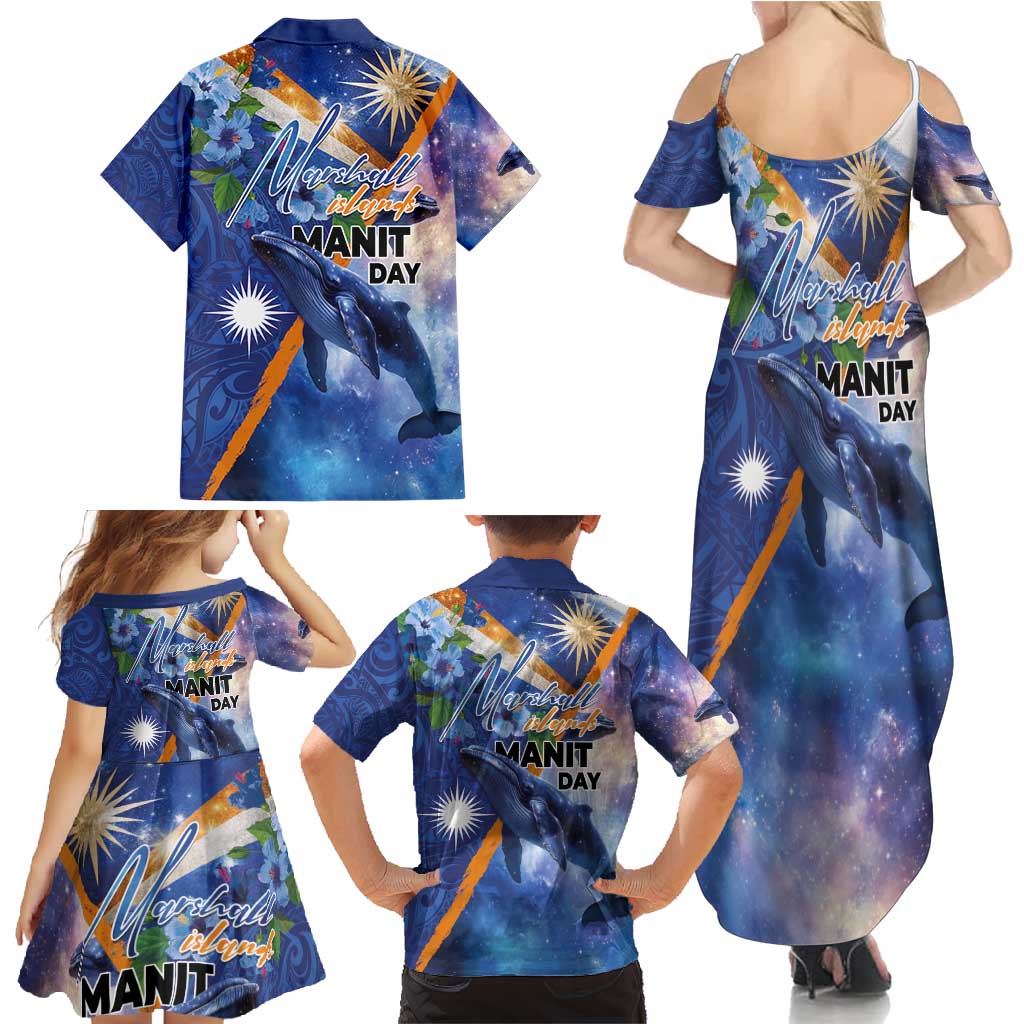Marshall Islands Manit Day Family Matching Summer Maxi Dress and Hawaiian Shirt Grunge National Flag with Whales and Tribal Tattoos - Polynesian Pride