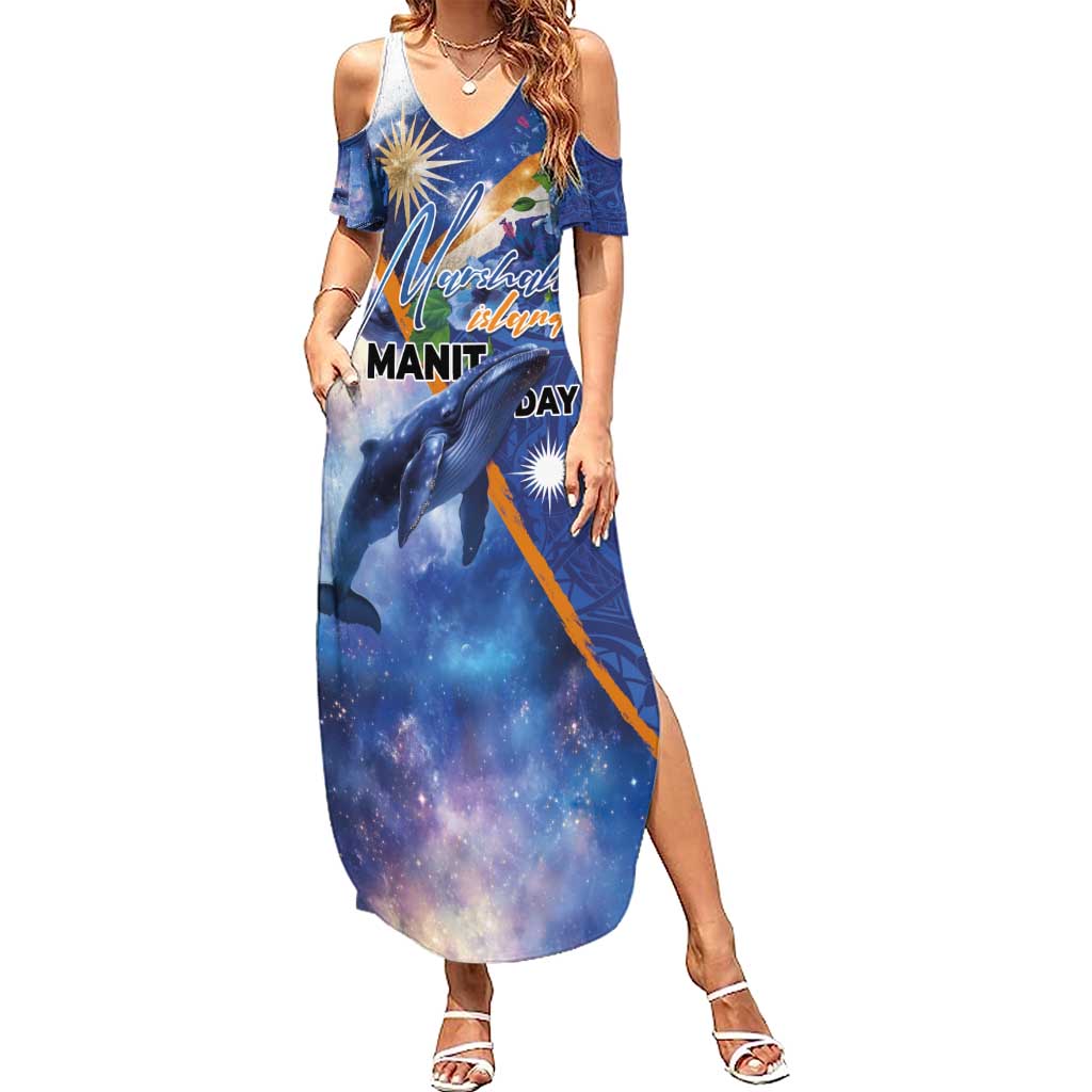 Marshall Islands Manit Day Family Matching Summer Maxi Dress and Hawaiian Shirt Grunge National Flag with Whales and Tribal Tattoos - Polynesian Pride