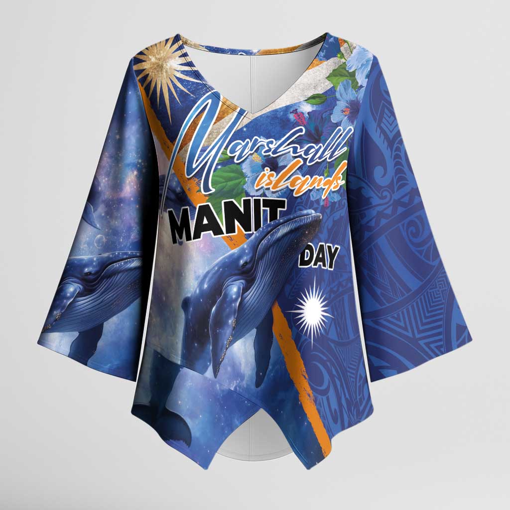 Marshall Islands Manit Day Kimono Sleeve Blouse Grunge National Flag with Whales and Tribal Tattoos - Polynesian Pride