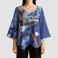 Marshall Islands Manit Day Kimono Sleeve Blouse Grunge National Flag with Whales and Tribal Tattoos - Polynesian Pride