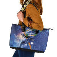 Marshall Islands Manit Day Leather Tote Bag Grunge National Flag with Whales and Tribal Tattoos - Polynesian Pride