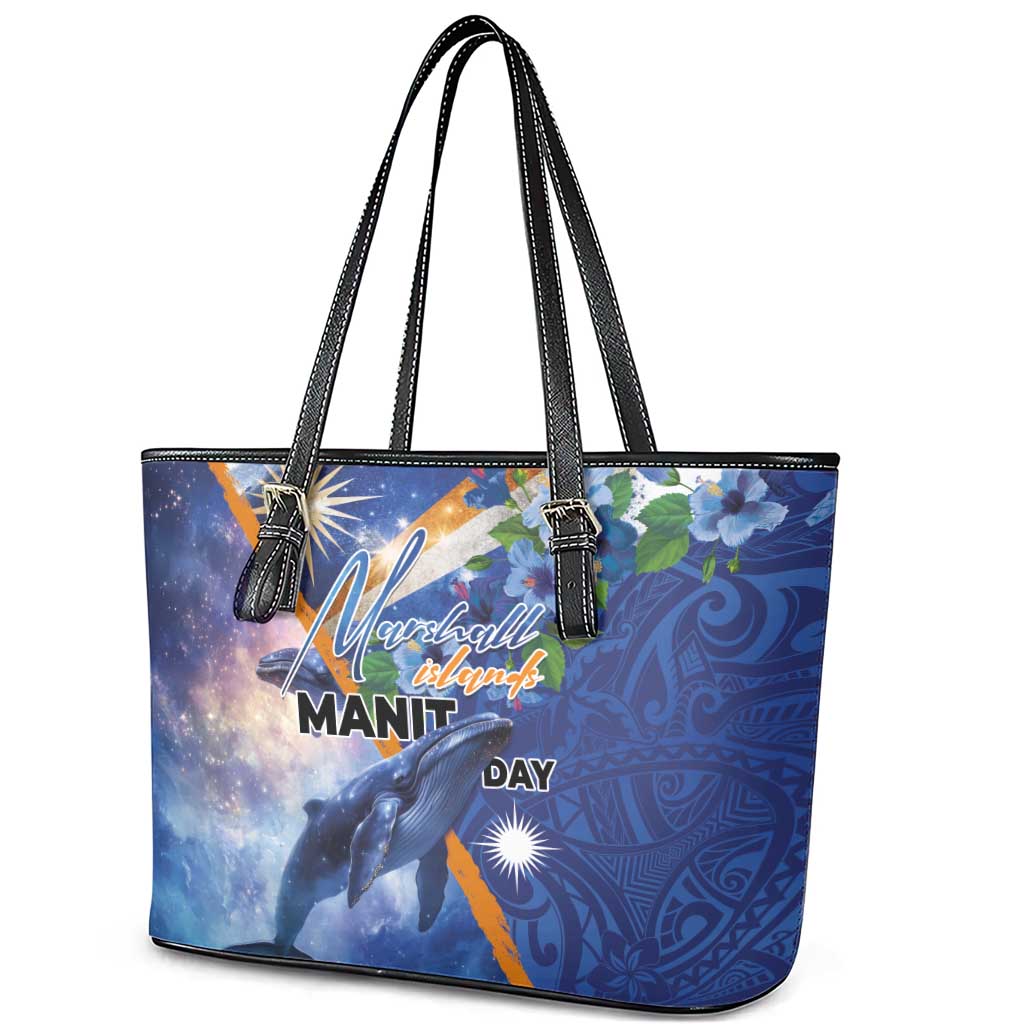Marshall Islands Manit Day Leather Tote Bag Grunge National Flag with Whales and Tribal Tattoos - Polynesian Pride