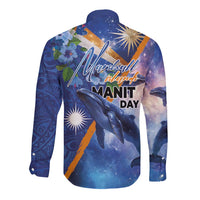 Marshall Islands Manit Day Long Sleeve Button Shirt Grunge National Flag with Whales and Tribal Tattoos - Polynesian Pride