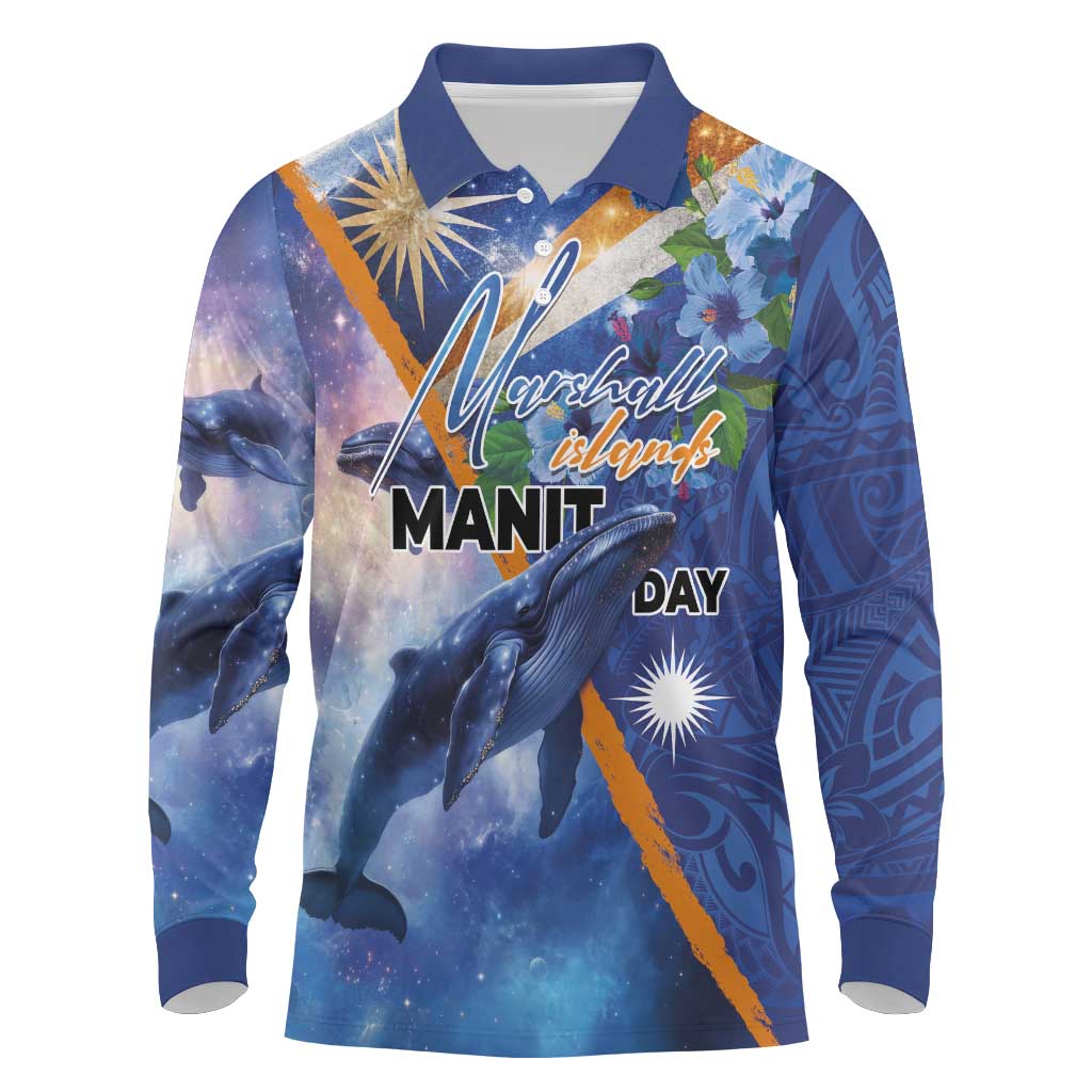 Marshall Islands Manit Day Long Sleeve Polo Shirt Grunge National Flag with Whales and Tribal Tattoos - Polynesian Pride