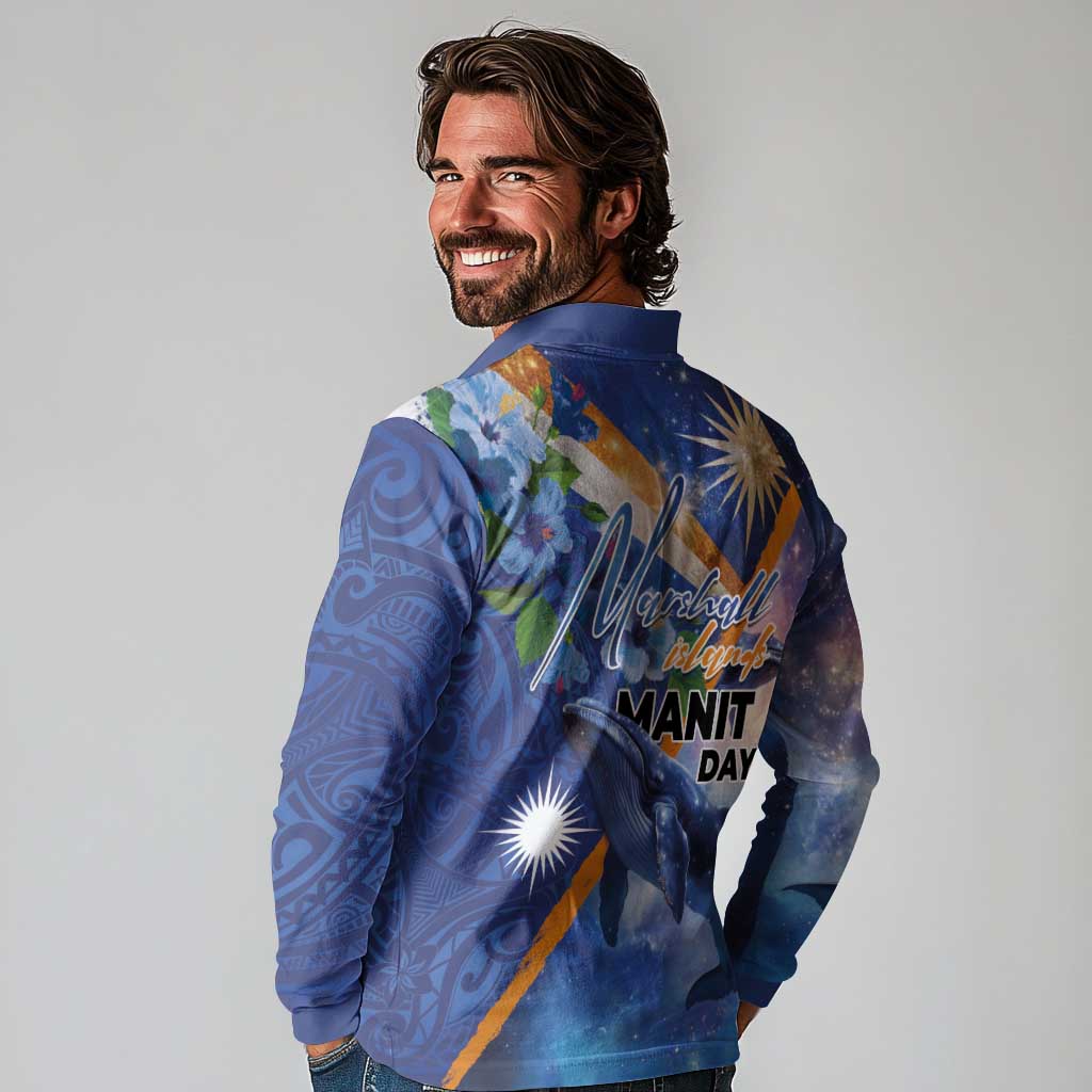 Marshall Islands Manit Day Long Sleeve Polo Shirt Grunge National Flag with Whales and Tribal Tattoos - Polynesian Pride